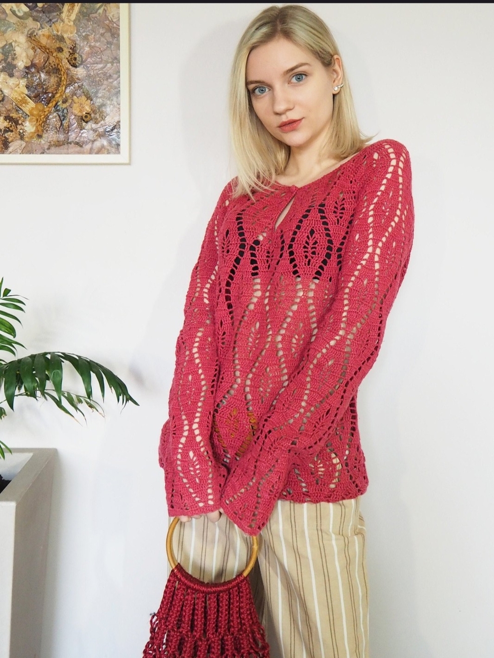 Vintage 90's Open-Knit Pink Women's Sweater - Lightweight Long Sleeve